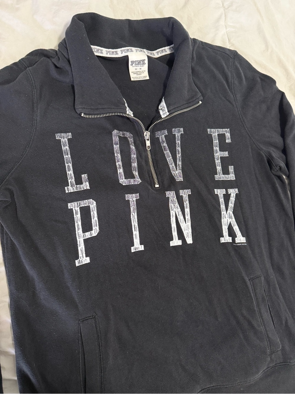 PINK Victoria's Secret Black Half-Zip Pullover Sweater with LOVE PINK Graphic